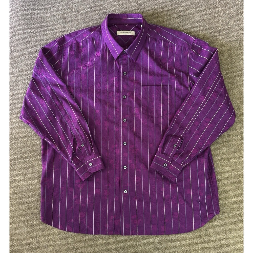 Tommy Bahama Wine Paisley Jacquard Striped Button Up Shirt Silk Cotton XXL